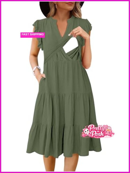 Dresses & Skirts - Nursing Midi Dress Sleeveless V Neck Tiered Sundress with Pockets